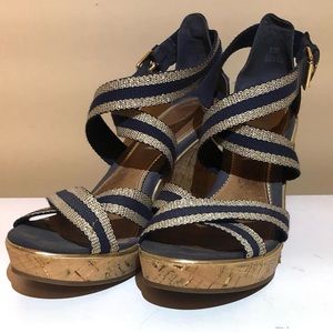 Sperry Topsider Navy Blue & Gold Crisscross Front Cork Heel Sandal. 4” heel